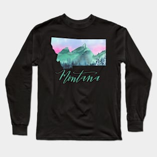 Watercolor Painting Montana State Pride Lettering Long Sleeve T-Shirt